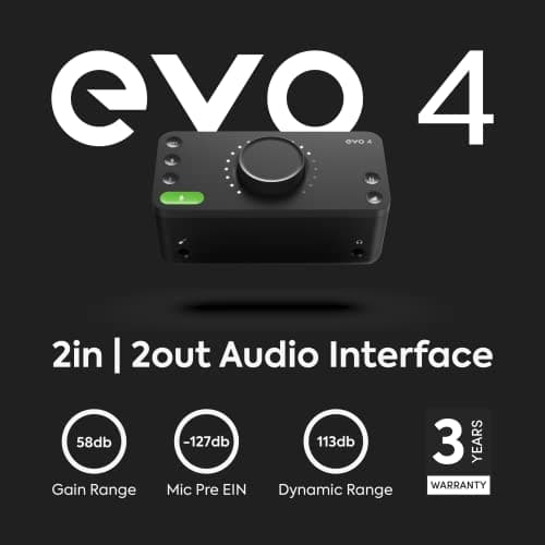 Audient EVO 4 2in/2out USB Audio Interface with Smartgain, 2 Mic Preamps, Dual XLR/TRS Mic/Line/DI Inputs, 48V Phantom Power, Loopback & Software Bundle 2