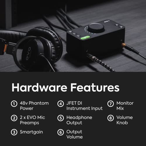 Audient EVO 4 2in/2out USB Audio Interface with Smartgain, 2 Mic Preamps, Dual XLR/TRS Mic/Line/DI Inputs, 48V Phantom Power, Loopback & Software Bundle 5