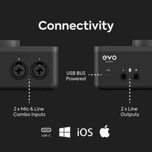 Audient EVO 4 2in/2out USB Audio Interface with Smartgain, 2 Mic Preamps, Dual XLR/TRS Mic/Line/DI Inputs, 48V Phantom Power, Loopback & Software Bundle 6