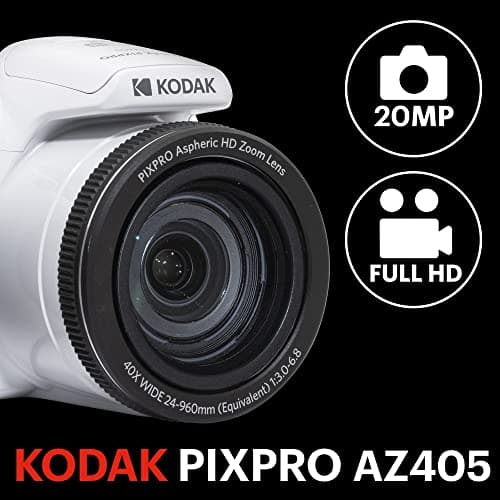 KODAK PIXPRO AZ405-WH 20MP Digital Camera 40X Optical Zoom 24mm Wide Angle Lens Optical Image Stabilization 1080P Full HD Video 3" LCD Vlogging Camera (White), Full Frame 3
