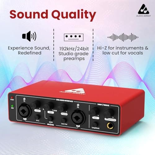 Audio Array AI-04 HD 2x2 Gen 3 Audio Interface | Premium Mic Pre-Amps | 48V Phantom Power | 24bit/192kHz Hi-Fi Recording | XLR/MIC/LINE inputs | Plug & Play-No Drivers | 2 in 3 out | Metal Body | Red 2