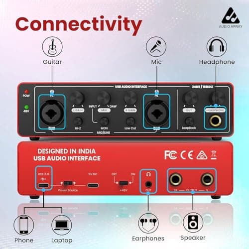 Audio Array AI-04 HD 2x2 Gen 3 Audio Interface | Premium Mic Pre-Amps | 48V Phantom Power | 24bit/192kHz Hi-Fi Recording | XLR/MIC/LINE inputs | Plug & Play-No Drivers | 2 in 3 out | Metal Body | Red 3
