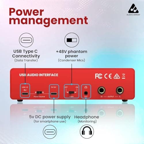 Audio Array AI-04 HD 2x2 Gen 3 Audio Interface | Premium Mic Pre-Amps | 48V Phantom Power | 24bit/192kHz Hi-Fi Recording | XLR/MIC/LINE inputs | Plug & Play-No Drivers | 2 in 3 out | Metal Body | Red 5