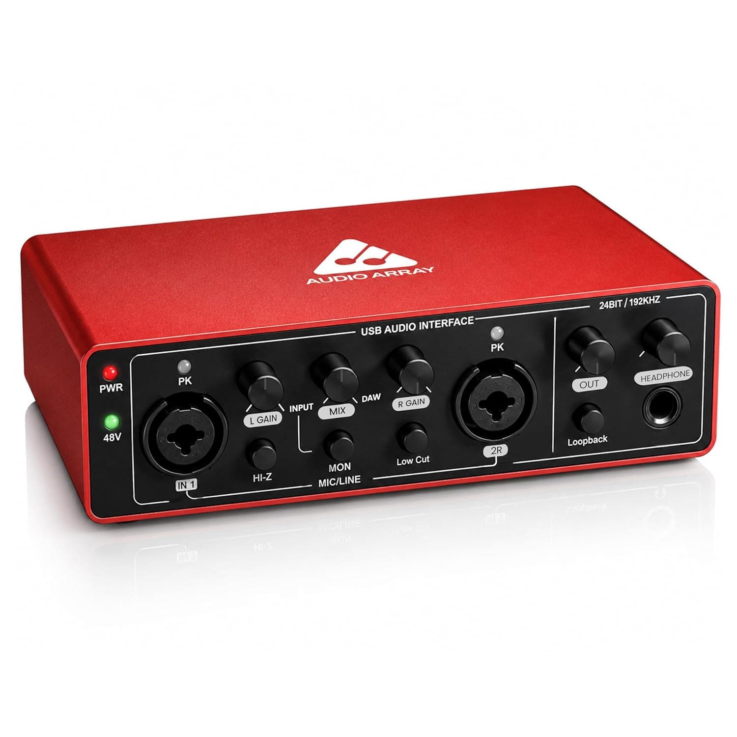 Audio Array AI-04 HD 2x2 Gen 3 Audio Interface | Premium Mic Pre-Amps | 48V Phantom Power | 24bit/192kHz Hi-Fi Recording | XLR/MIC/LINE inputs | Plug & Play-No Drivers | 2 in 3 out | Metal Body | Red 7