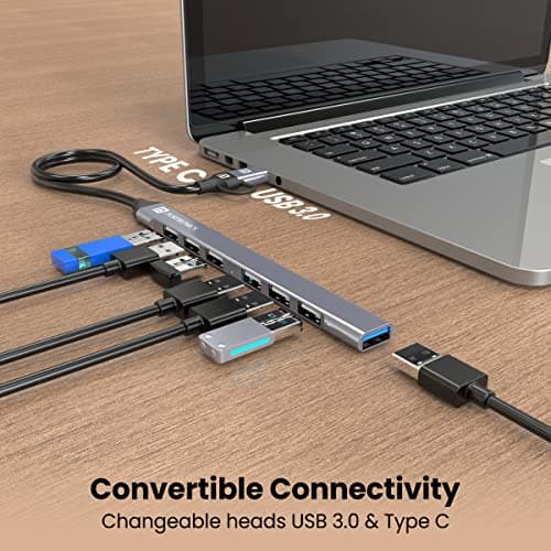 Portronics Mport 7 USB Hub Dock(7-in-1), Multiport Adapter with Dual Convertible USB & Type C Heads, Upto 5 Gbps Data Transfer Speed, 1 x USB 3.0 & 6 x USB 2.0 Ports for Laptop, MacBook, PC (Grey) 3