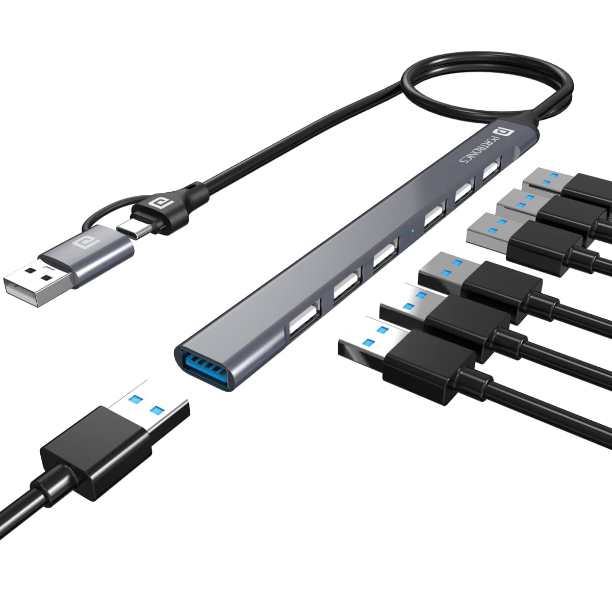 Portronics Mport 7 USB Hub Dock(7-in-1), Multiport Adapter with Dual Convertible USB & Type C Heads, Upto 5 Gbps Data Transfer Speed, 1 x USB 3.0 & 6 x USB 2.0 Ports for Laptop, MacBook, PC (Grey) 7