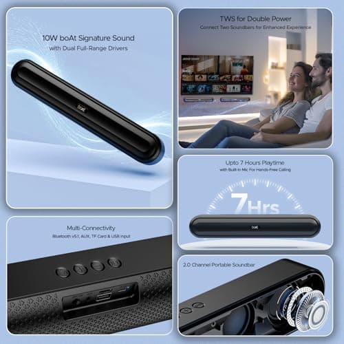 boAt Aavante Bar 490 10W Signature Sound, Dual Full-Range Drivers,7 HRS Battery, Built-in Mic,2.0 CH, Free Music Streaming on JioSaavn, Bluetooth Sound Bar, Soundbar Speaker (Classic Black) 3