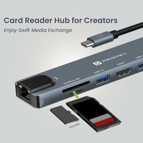 Portronics Mport 8 USB-C USB Hub/Docking Station(8-in-1) with 4K 30Hz HDMI, 100 Mbps Ethernet, USB 3.0, microSD/SD Card Reader, Type-C Data, PD Charging, USB 2.0, Type-C Plug for Laptop, Mac, PC 5