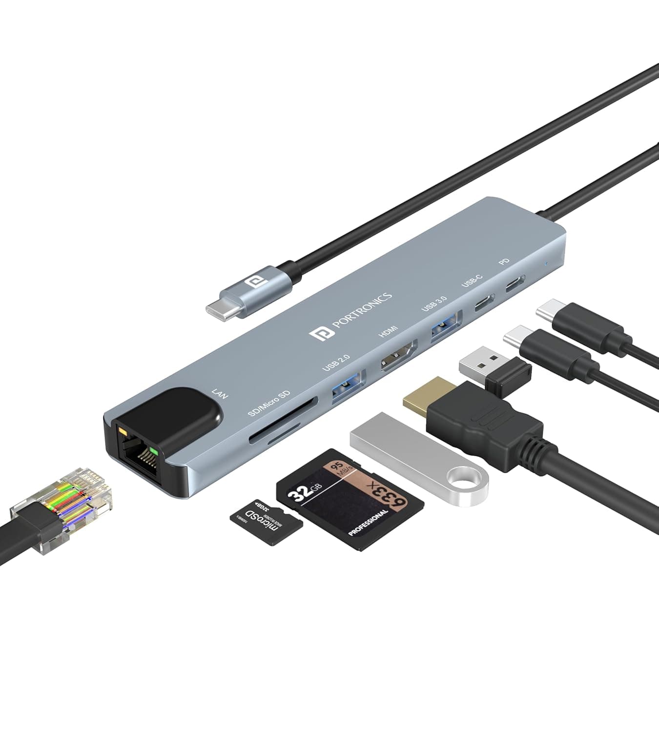 Portronics Mport 8 USB-C USB Hub/Docking Station(8-in-1) with 4K 30Hz HDMI, 100 Mbps Ethernet, USB 3.0, microSD/SD Card Reader, Type-C Data, PD Charging, USB 2.0, Type-C Plug for Laptop, Mac, PC 7