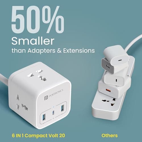 Portronics 20W Volt 20 High Speed Smart Desktop Charger with 3M Copper Cable, Type C PD Port, 2 USB Mach Port, 3 AC Power Socket, Compatible with Laptop,Smartphones,iPhones,Tablet,Power Bank(White) 2