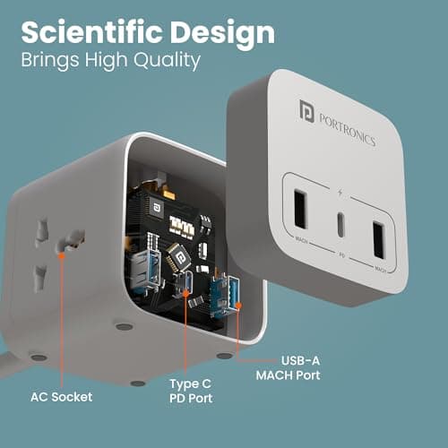 Portronics 20W Volt 20 High Speed Smart Desktop Charger with 3M Copper Cable, Type C PD Port, 2 USB Mach Port, 3 AC Power Socket, Compatible with Laptop,Smartphones,iPhones,Tablet,Power Bank(White) 3