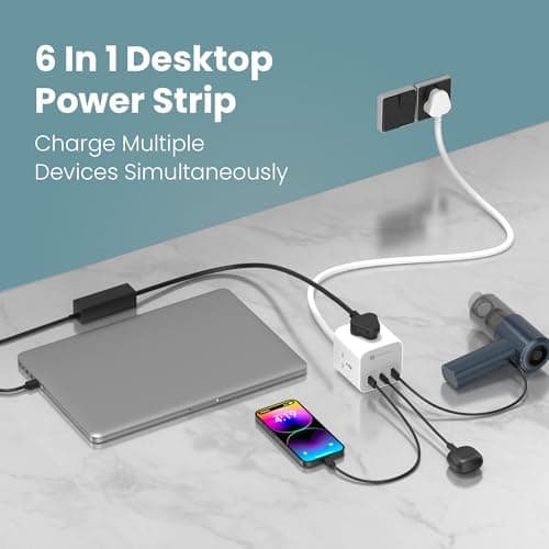 Portronics 20W Volt 20 High Speed Smart Desktop Charger with 3M Copper Cable, Type C PD Port, 2 USB Mach Port, 3 AC Power Socket, Compatible with Laptop,Smartphones,iPhones,Tablet,Power Bank(White) 4