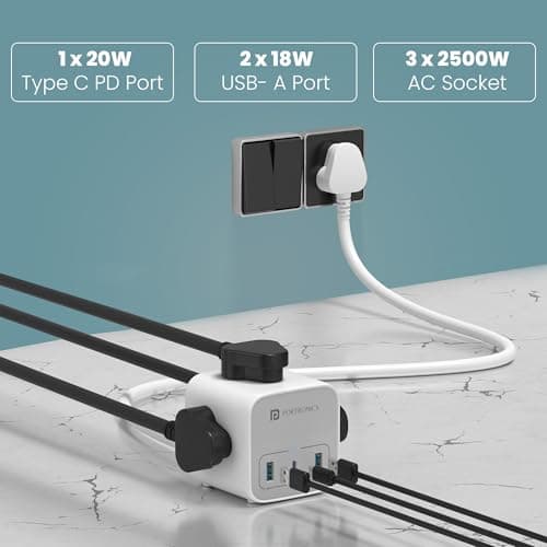 Portronics 20W Volt 20 High Speed Smart Desktop Charger with 3M Copper Cable, Type C PD Port, 2 USB Mach Port, 3 AC Power Socket, Compatible with Laptop,Smartphones,iPhones,Tablet,Power Bank(White) 6