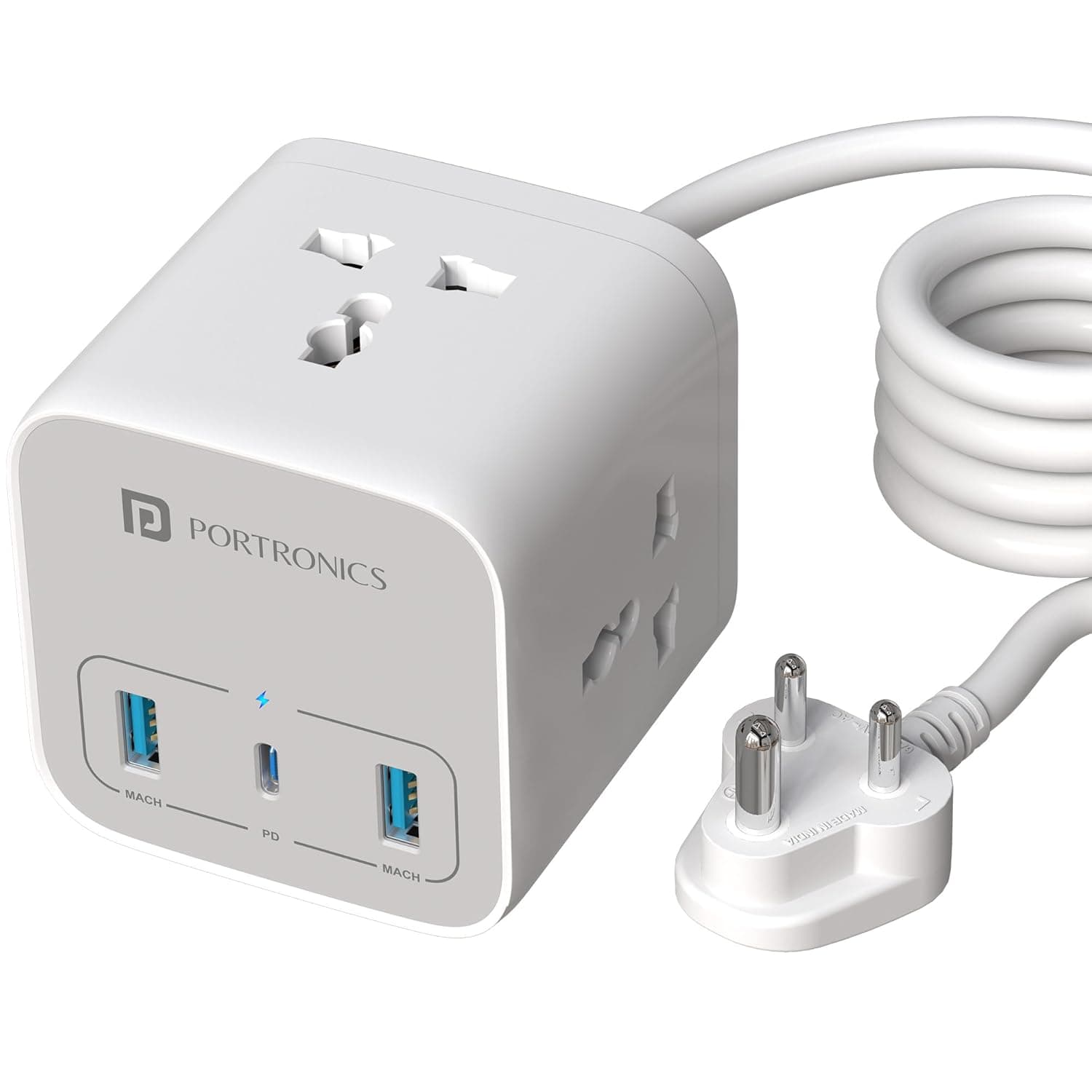 Portronics 20W Volt 20 High Speed Smart Desktop Charger with 3M Copper Cable, Type C PD Port, 2 USB Mach Port, 3 AC Power Socket, Compatible with Laptop,Smartphones,iPhones,Tablet,Power Bank(White) 7