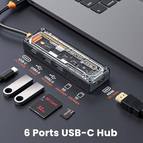Portronics MPort View Two 6-in-1 USB Type-C Hub Dock,100 W Type-C PD&Data, USB 3.0 SuperSpeed, USB 2.0,SD and Micro SD, 4K HDMI,Transparent Case for Laptop, PC & More(Black) 2