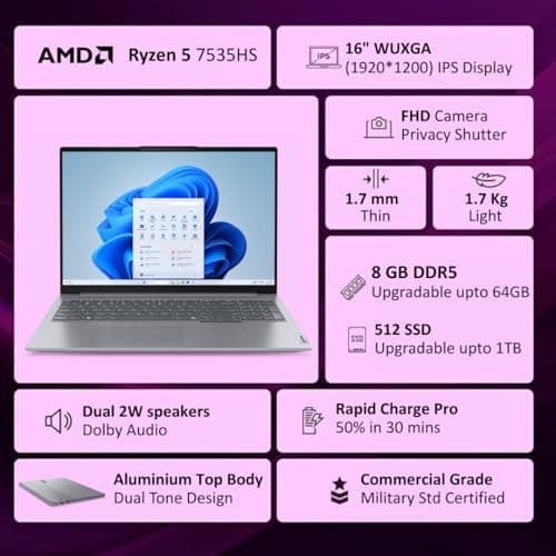 Lenovo ThinkBook 16 AMD Ryzen 5 7535HS (8GB RAM/512GB SSD/Win 11 Home/Office 2024/Backlit Keyboard/Fingerprint) 16" WUXGA IPS 300 Nits Thin & Light Laptop/1Y Warranty/Aluminium Top/1.7kg, 21MWA0BRIN 2