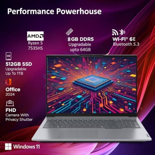 Lenovo ThinkBook 16 AMD Ryzen 5 7535HS (8GB RAM/512GB SSD/Win 11 Home/Office 2024/Backlit Keyboard/Fingerprint) 16" WUXGA IPS 300 Nits Thin & Light Laptop/1Y Warranty/Aluminium Top/1.7kg, 21MWA0BRIN 3