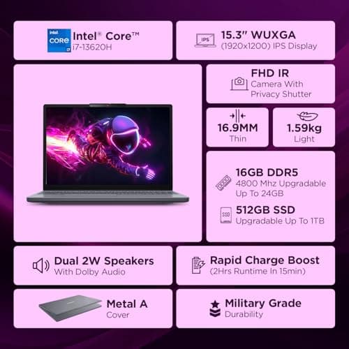 Lenovo IdeaPad Slim 3 13th Gen Intel Core i7 13620H, 16GB RAM, 512GB SSD, WUXGA IPS, 15.3"/38.8cm, Win 11, Office 2024, Top Metal Cover Grey, 1.6Kg, 83K100CJIN/S1IN, Backlit KB, Laptop 2