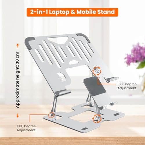 Dyazo 2 in 1 Adjustable Laptop Stand with Mobile Holder | Ergonomic, Foldable & Ventilated Riser Fits Upto 15.6 Inch Laptops | Compatible for MacBook, HP, Dell, Acer, Lenovo & Other Notebooks 2