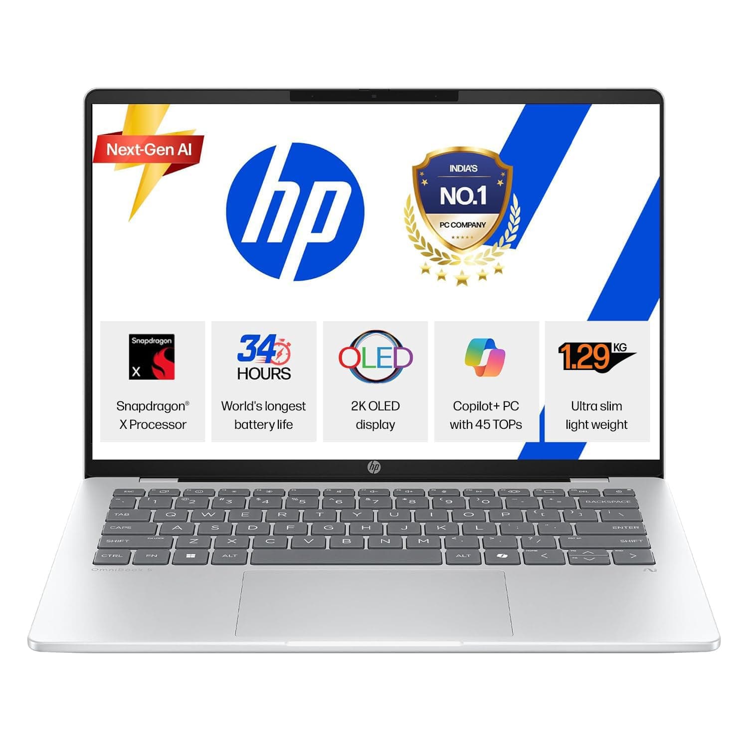 HP OmniBook 5 OLED (Previously Pavilion), Snapdragon X Processor 45 Tops (16GB LPDDR5x, 512GB SSD), 2K 14''/35.6cm, Win11, Office24, Silver, 1.29kg, he0014QU, Multi-Day Battery, AI Laptop 7