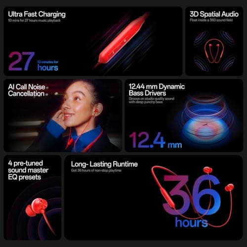 OnePlus Bullets Wireless Z3 in-Ear Neckband with 12.4mm Drivers, 3D Spatial Audio,10 mins Charge for 27 hrs Playback, 4 EQ preset, Dynamic bass Enhancement & BT5.4 2