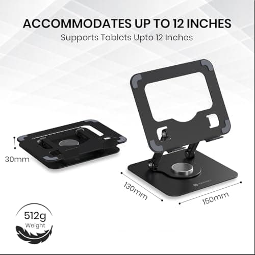 Portronics My Buddy A1, Metal Tablet Stand, 360° Rotating Base, Height & Angle Adjustable, Supports Up to 12 Inch Tablets & 5Kg Load, Foldable & Portable, Anti-Slip Pads (Grey) 4