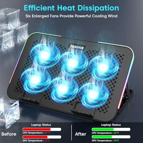 Sounce Snowstorm Pro Laptop Cooling Pad | 6 High-Speed Fans | 7 RGB Modes | Adjustable Height | Quiet 1800-2400 RPM Operation | Dual USB Ports | Fits Laptops up to 17.3 Inches 2