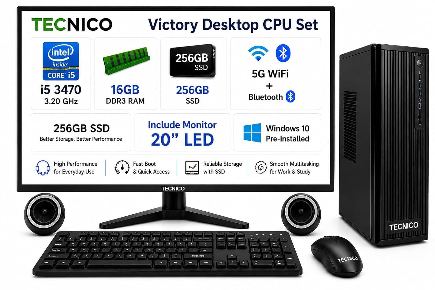 TECNICO Desktop CPU Set, Core i5-3470 3.2GHz, 16 GB DDR3 RAM, 256 GB SSD, Keyboard Mouse Set, WiFi 6, Bluetooth, Speakers, (Include Monitor 20" Led) 8