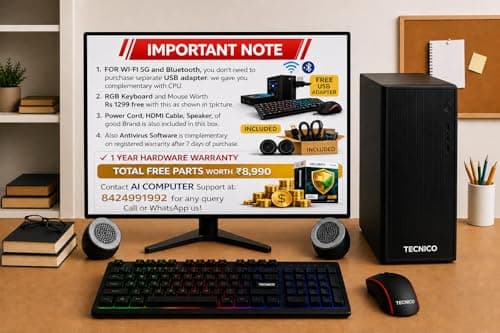 TECNICO Victory Desktop CPU Set, Core I3 2120 2.2GHz, 8 GB DDR3 RAM, 128 GB SSD, RGB Keyboard Mouse Set, WiFi 6, Bluetooth, Speakers, (Include Monitor 20" Led) 3