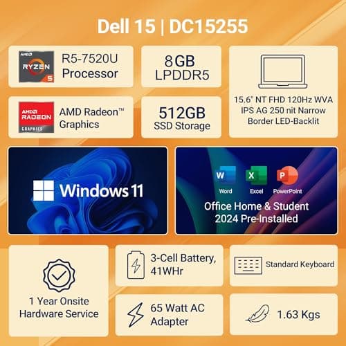 Dell 15 (Previously Inspiron), R5-7520U Processor, 8GB LPDDR5 RAM, 512GB SSD, FHD 15.6"/39.62 cm Display, Windows 11 Home, Carbon Black, 1.63kg, Standard Keyboard, 15 Month McAfee, Thin & Light Laptop 2