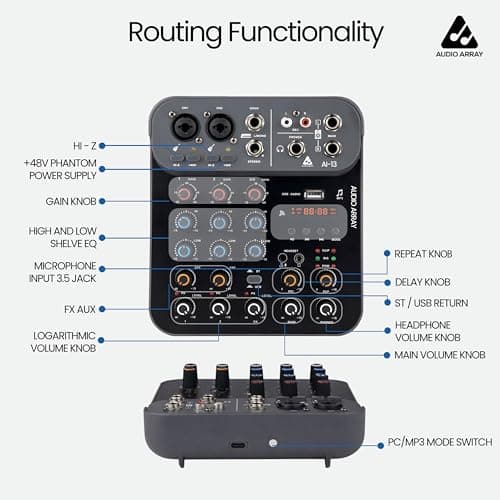 Audio Array Sound Mixer 2026 Edition Audio Mixer 4 Channel Hybrid USB Control | 4 Analog 2 Digital | 2XLR Mic Inputs,TRS Stereo In | 48V | Hi-Z,2 Band EQ, Monitoring, TRS Out, USB-C Power | AI-13 3