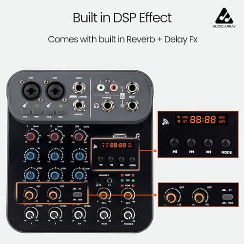 Audio Array Sound Mixer 2026 Edition Audio Mixer 4 Channel Hybrid USB Control | 4 Analog 2 Digital | 2XLR Mic Inputs,TRS Stereo In | 48V | Hi-Z,2 Band EQ, Monitoring, TRS Out, USB-C Power | AI-13 4