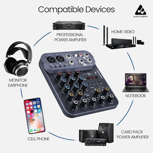 Audio Array Sound Mixer 2026 Edition Audio Mixer 4 Channel Hybrid USB Control | 4 Analog 2 Digital | 2XLR Mic Inputs,TRS Stereo In | 48V | Hi-Z,2 Band EQ, Monitoring, TRS Out, USB-C Power | AI-13 6