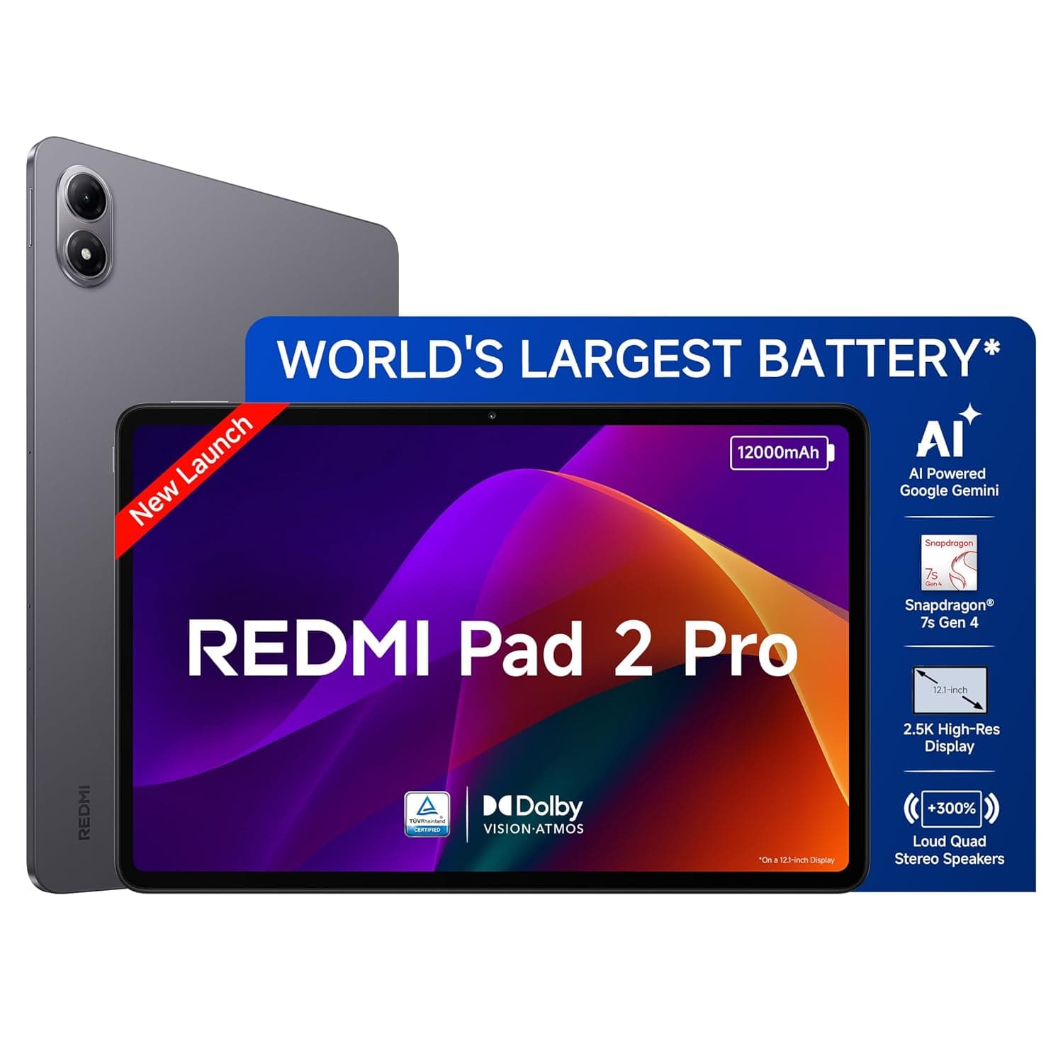 Redmi Pad 2 Pro [Smartchoice] | 12000mAh | Snapdragon 7s Gen 4 |12.1-inch, 2.5K Display |83+ Days Standby |HyperOS 2 |120Hz| Dolby Vision Atmos | Wi-Fi 6| AI Powered | 8GB,128GB |Graphite Grey 7