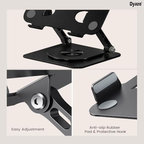 Dyazo Foldable 360° Rotating Laptop Stand | Adjustable Height & Angle Laptop Riser with Swivel Base & Anti-Slip Grip | Fits Upto 15.6" Notebooks | Compatible for MacBook, Dell, HP, Lenovo & More-Black 4