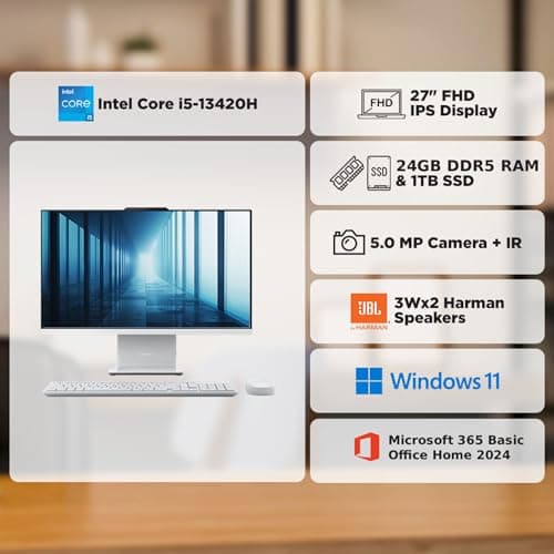 Lenovo IdeaCentre AIO Intel Core i5-13420H 27" FHD (24GB RAM/1TB SSD/Win11/Microsoft 365 Basic + Office Home 2024/3Wx2 Harman/Wireless EOS Keyboard & Mouse,Grey), F0HM00W6IN All-in-One Desktop 2