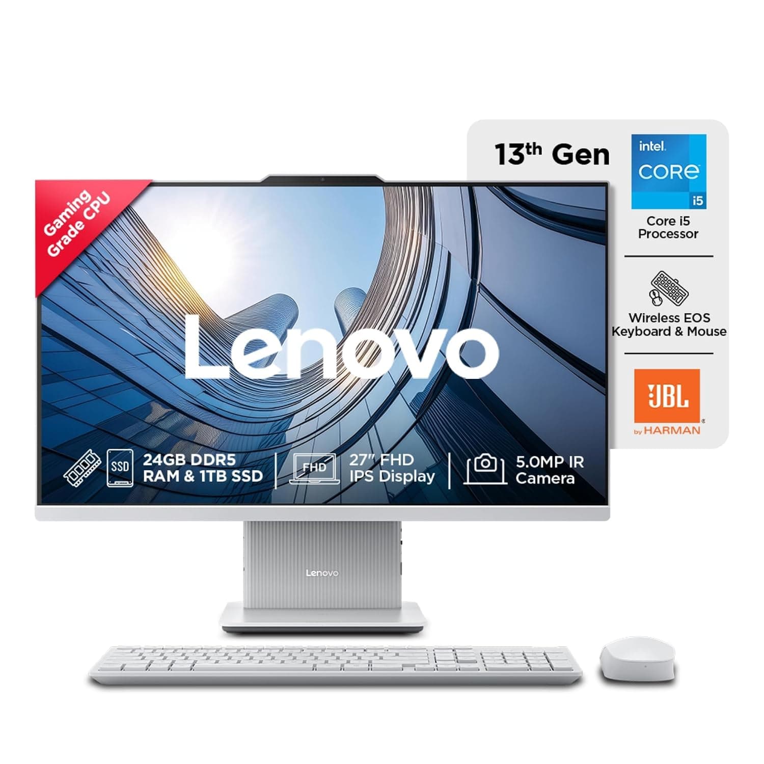 Lenovo IdeaCentre AIO Intel Core i5-13420H 27" FHD (24GB RAM/1TB SSD/Win11/Microsoft 365 Basic + Office Home 2024/3Wx2 Harman/Wireless EOS Keyboard & Mouse,Grey), F0HM00W6IN All-in-One Desktop 8