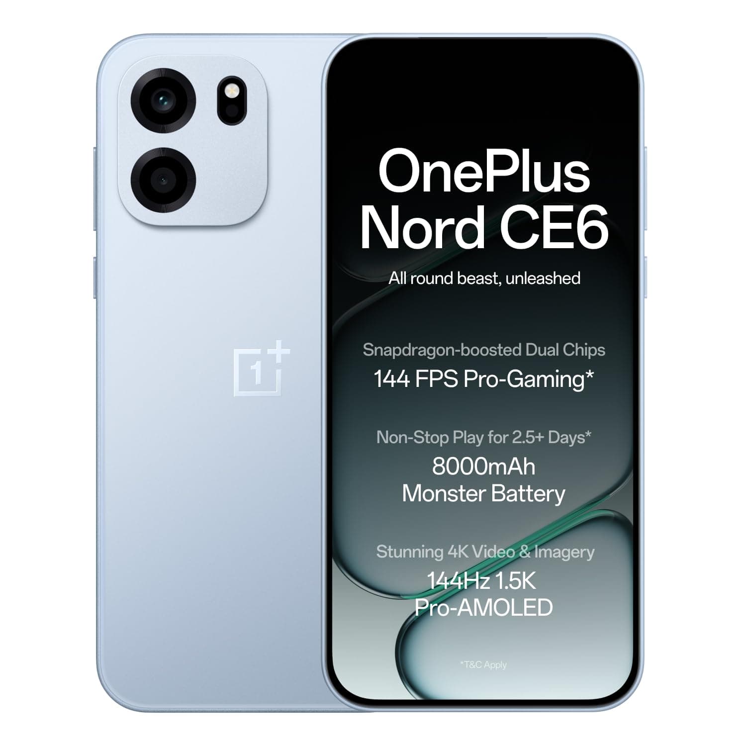 OnePlus Nord CE6 | 8GB+128GB | Fresh Blue | Snapdragon 7s Gen 4 | Segment's Fastest Touch Response | 8000mAh Battery | 144Hz 1.5K AMOLED Display | 50MP Main + 32MP Selfie 4K Cameras | IP66,68,69,69K 7