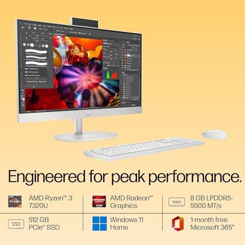 HP AIO 24, AMD Ryzen 3 7320U,8GB LPDDR5, 512GB SSD (Win11,Office24) Anti-Glare, FHD, 23.8inch(60.5 cm), 510SP White Wireless Keyboard and Mouse Combo,Radeon Graphics,White, 5.27kg,24-cr0014in/cr0016in 3
