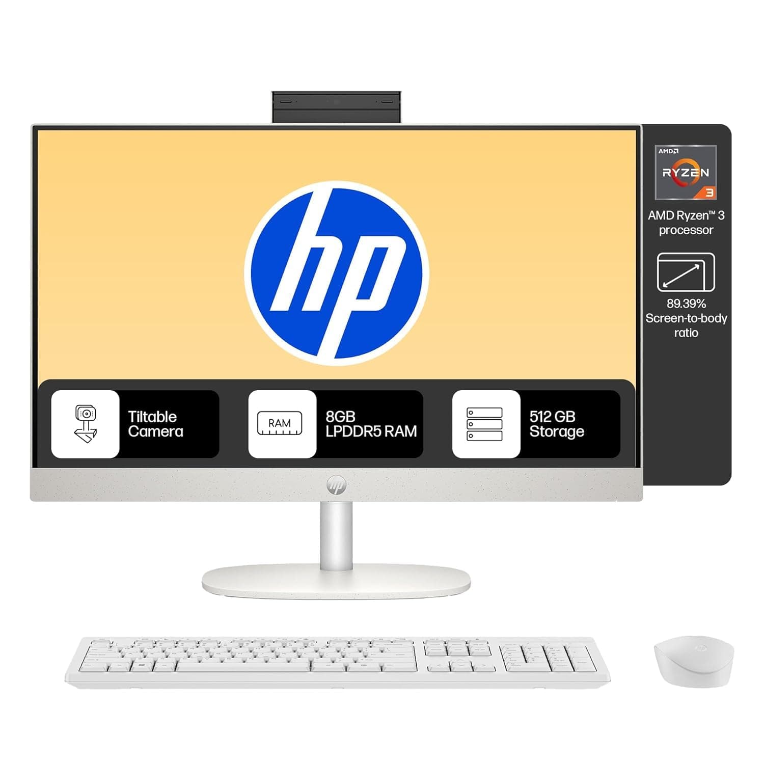 HP AIO 24, AMD Ryzen 3 7320U,8GB LPDDR5, 512GB SSD (Win11,Office24) Anti-Glare, FHD, 23.8inch(60.5 cm), 510SP White Wireless Keyboard and Mouse Combo,Radeon Graphics,White, 5.27kg,24-cr0014in/cr0016in 8