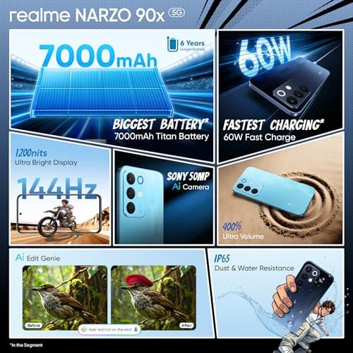 realme NARZO 90x 5G (Flash Blue 2026, 6GB+128GB) | 7000mAh + 60W Biggest Battery & Fastest Charging in the Segment* | 144Hz Bright Display | Sony 50MP AI Rear Camera | 400% Ultra Boom Speaker 2