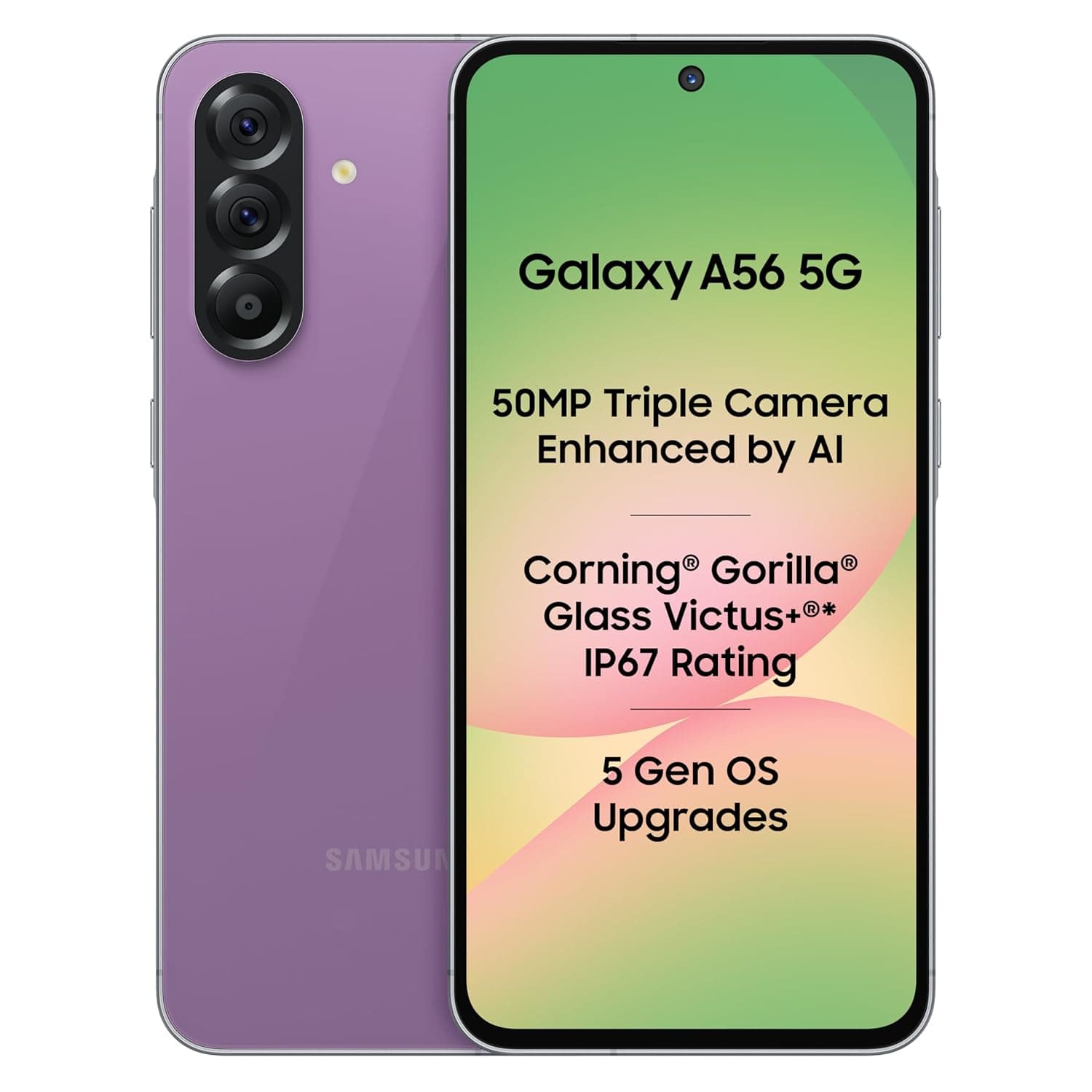 Samsung Galaxy A56 5G (Awesome Violet Glow, 8GB, 128GB) | Segment Most Complete Triple Camera | AI Editing | 4nm Processor | sAMOLED Display| Gorilla Glass Victus+| 5 Gen OS Upgrades 7