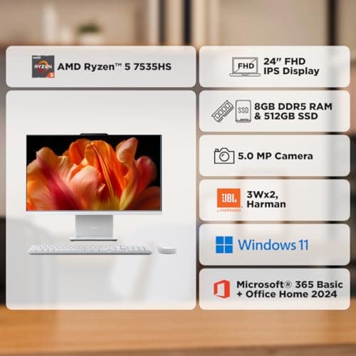 Lenovo IdeaCentre AIO Ryzen 5 7535HS 23.8" FHD IPS All-in-One Desktop (8GB RAM/512GB SSD/Win11/Microsoft 365 Basic + Office 2024/3Wx2 Speakers/5MP+IR Camera/Wireless Keyboard & Mouse), F0HR00CFIN 2