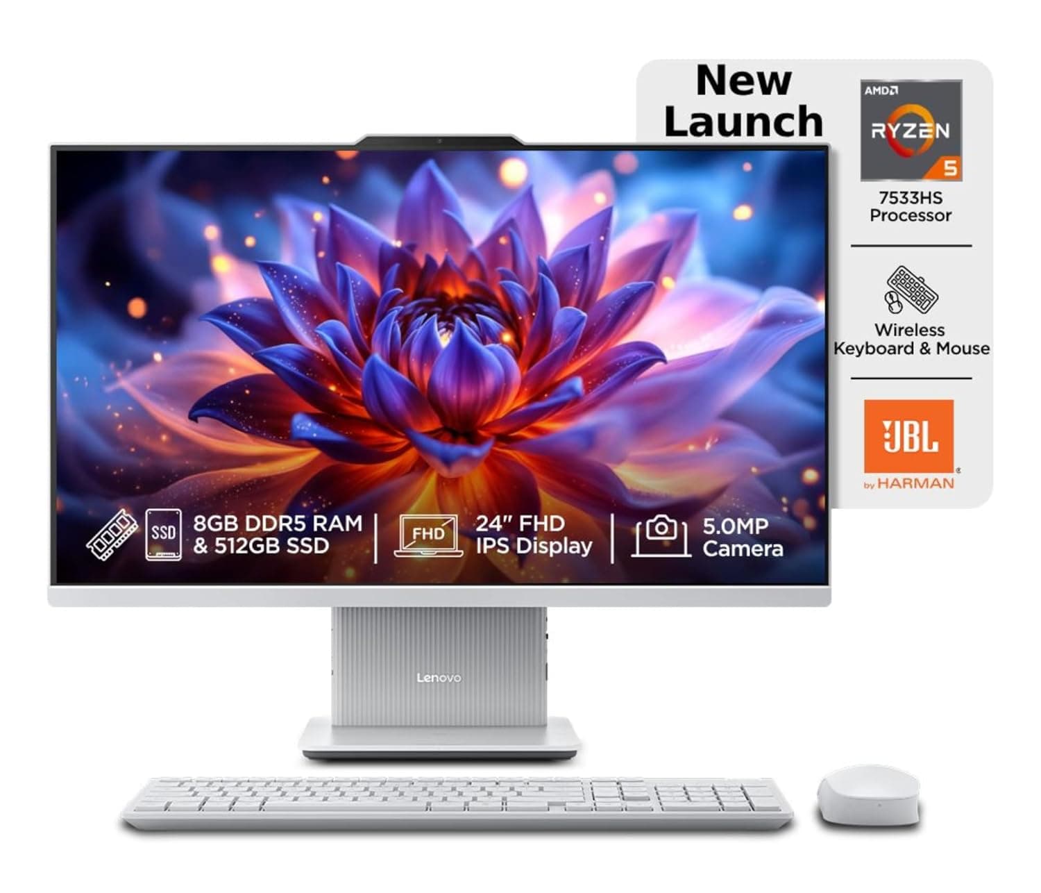 Lenovo IdeaCentre AIO Ryzen 5 7535HS 23.8" FHD IPS All-in-One Desktop (8GB RAM/512GB SSD/Win11/Microsoft 365 Basic + Office 2024/3Wx2 Speakers/5MP+IR Camera/Wireless Keyboard & Mouse), F0HR00CFIN 8