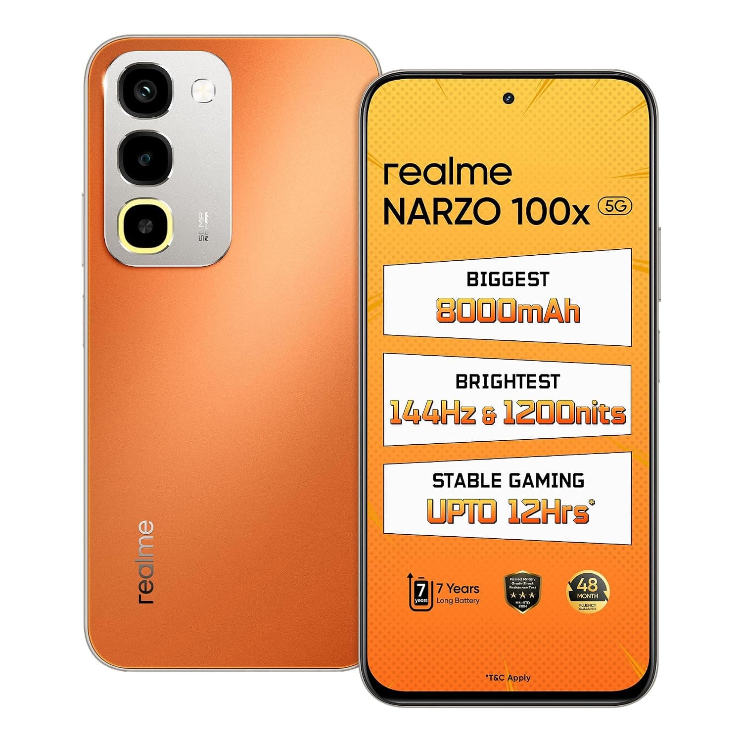 realme NARZO 100x 5G (Flash Orange,6GB+128GB) | Biggest 8000mAh Battery | 45W Fast Charge | 144Hz, 1200nits Bright Display | 7 Years Battery Health | Military-Grade Resistance | 48-Month Fluency 8