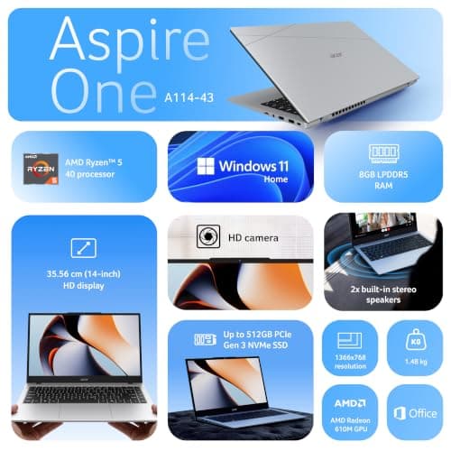 Acer Smartchoice Aspire One, AMD Ryzen 5-40,Office 2024 + M365 Basic, 8GB LPDDR5 RAM/ 512GB SSD, 14.0"/35.56cm WXGA Display, Win 11 Home, Pure Silver, 1.48KG, A114-43, Thin and Light Laptop 2