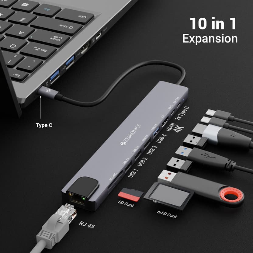 ZEBRONICS Zeb-CT101 10-in-1 Multiport HUB Zeb-CT101 USB Hub (Grey...more 2