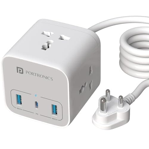 Portronics 20W Volt 20 High Speed Smart Desktop Charger with 3M Copper Cable, Type C PD Port, 2 USB Mach Port, 3 AC Power Socket, Compatible with Laptop,Smartphones,iPhones,Tablet,Power Bank(White)