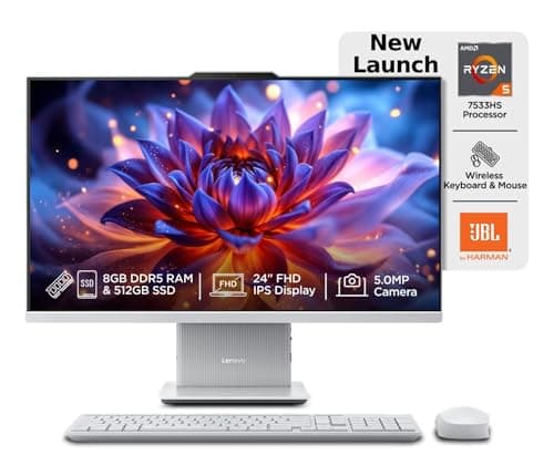 Lenovo IdeaCentre AIO Ryzen 5 7535HS 23.8" FHD IPS All-in-One Desktop (8GB RAM/512GB SSD/Win11/Microsoft 365 Basic + Office 2024/3Wx2 Speakers/5MP+IR Camera/Wireless Keyboard & Mouse), F0HR00CFIN